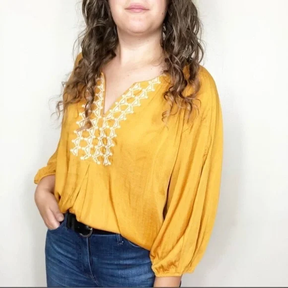 ANTHROPOLOGIE DOLAN Alvia mustard yellow peasant Embroidered top Women’s XS - Picture 2 of 12